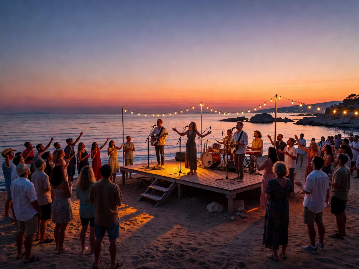 Outdoor music performance venue during summer twilight along the Athens southern shore