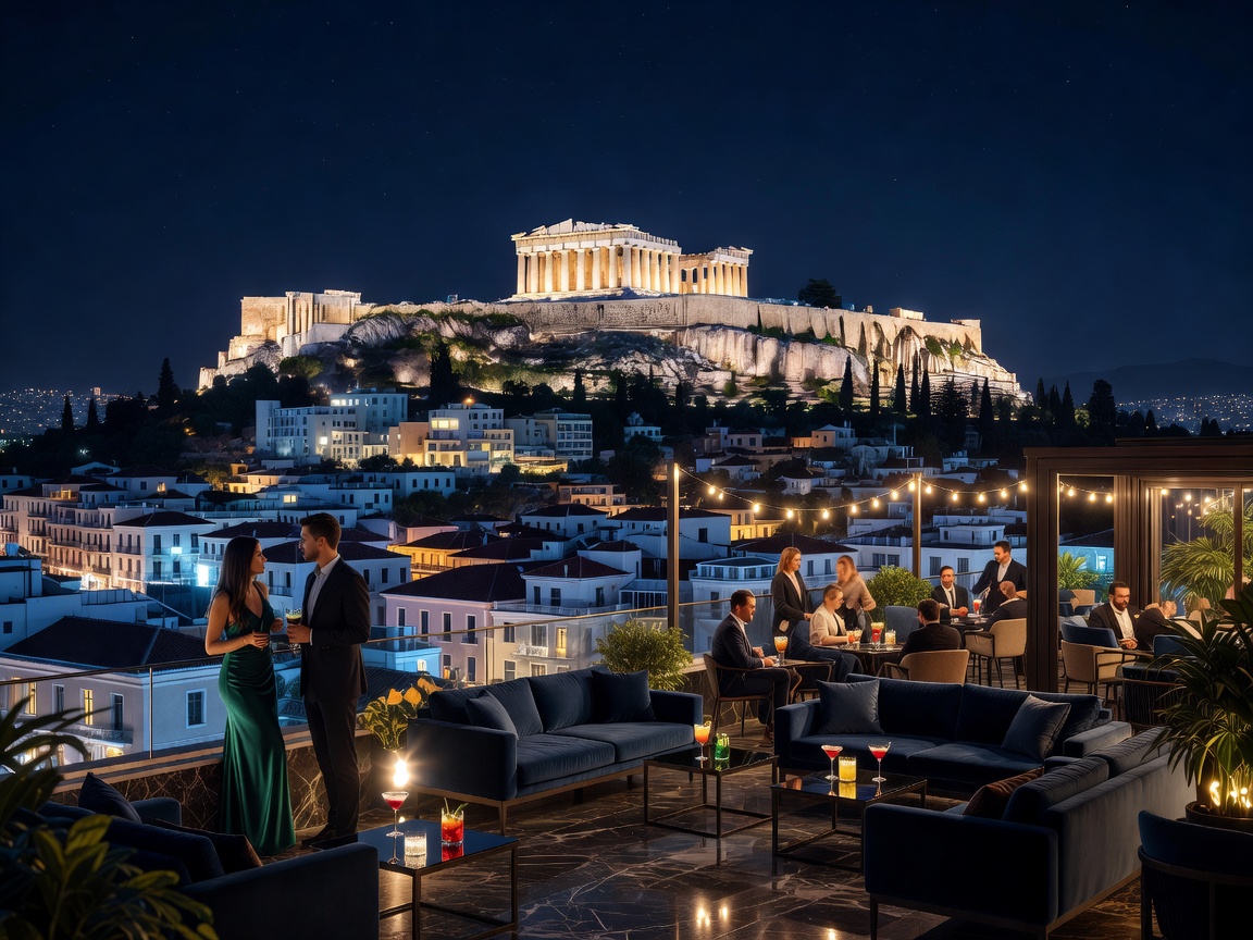 Panoramic rooftop cocktail lounge overlooking the illuminated Parthenon and Athens cityscape