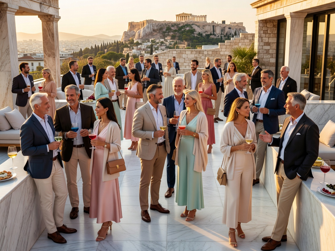 Guests socializing in smart casual evening attire at an upscale Mediterranean venue