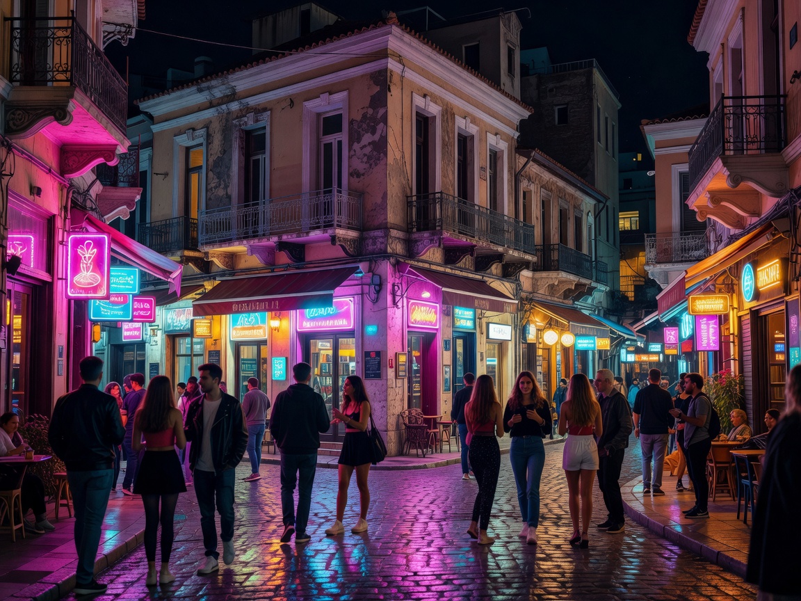 Urban street scene in the Gazi and Psirri districts of Athens at night with neon lights